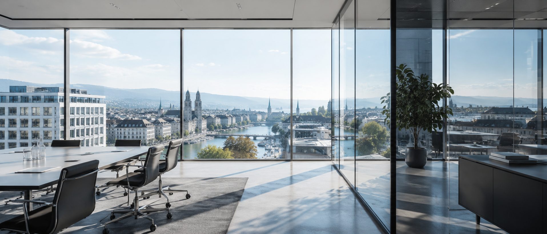 Modernes Büro mit weitem Blick über Zürich bei Tageslicht